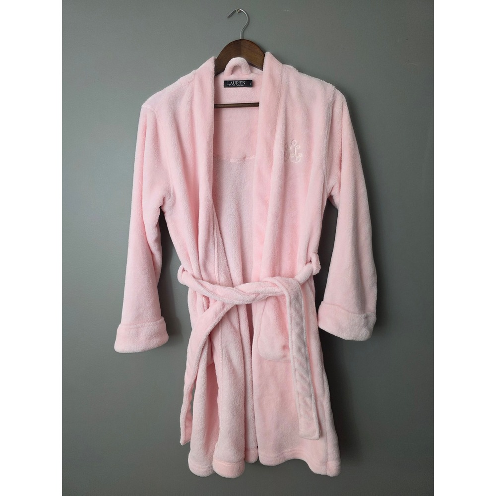 Lauren Ralph Lauren Pink Plush Fleece Robe Small Embroidered Monogram Shawl Neck